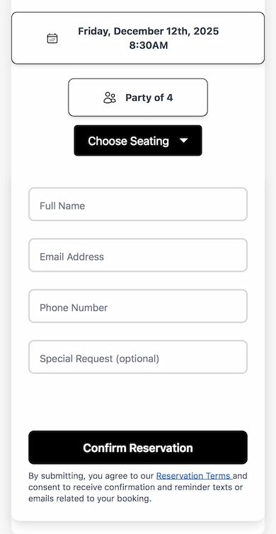 Reservation booking form with date, time, and party size selection