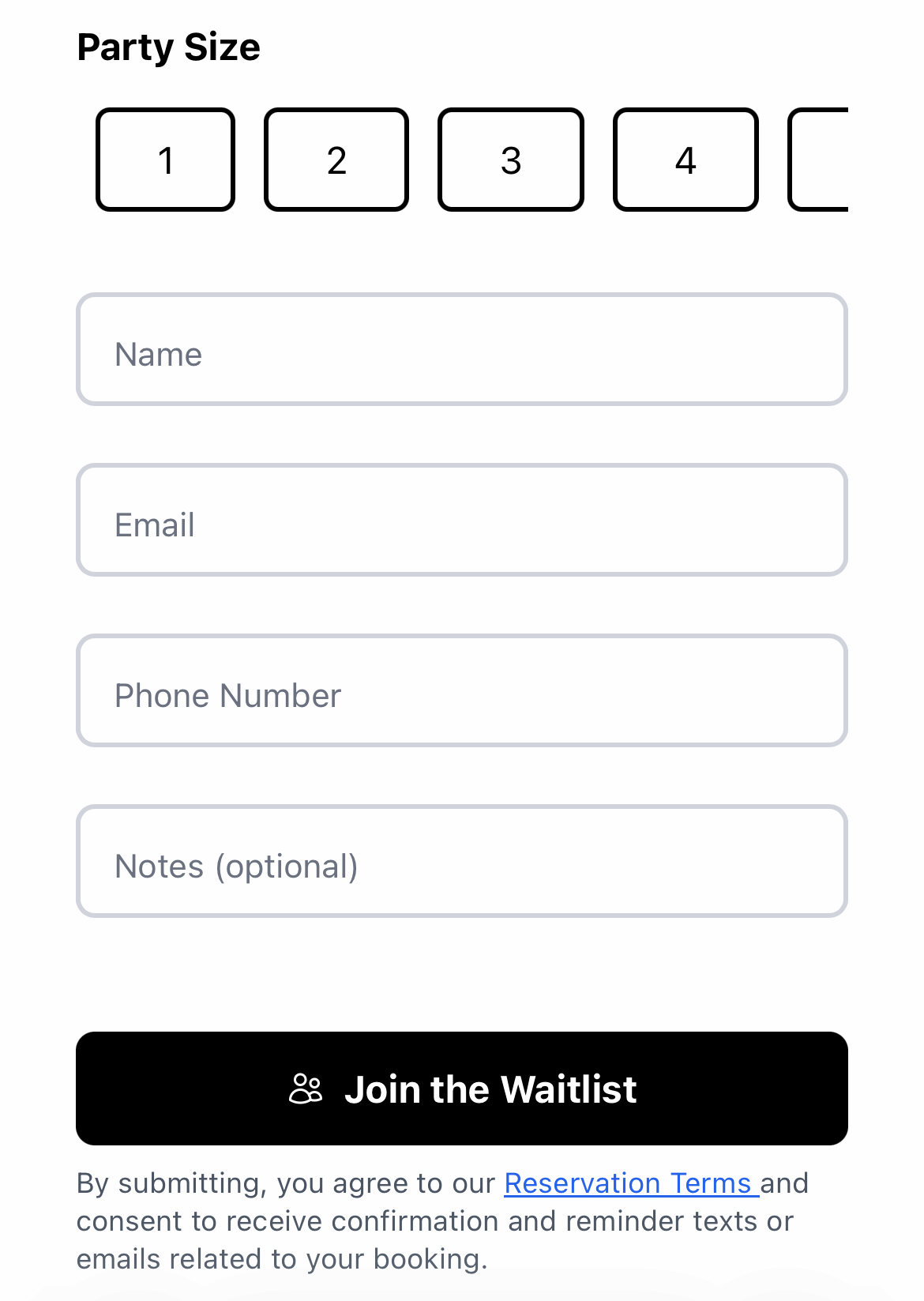 Waitlist join form with name, party size, and phone number