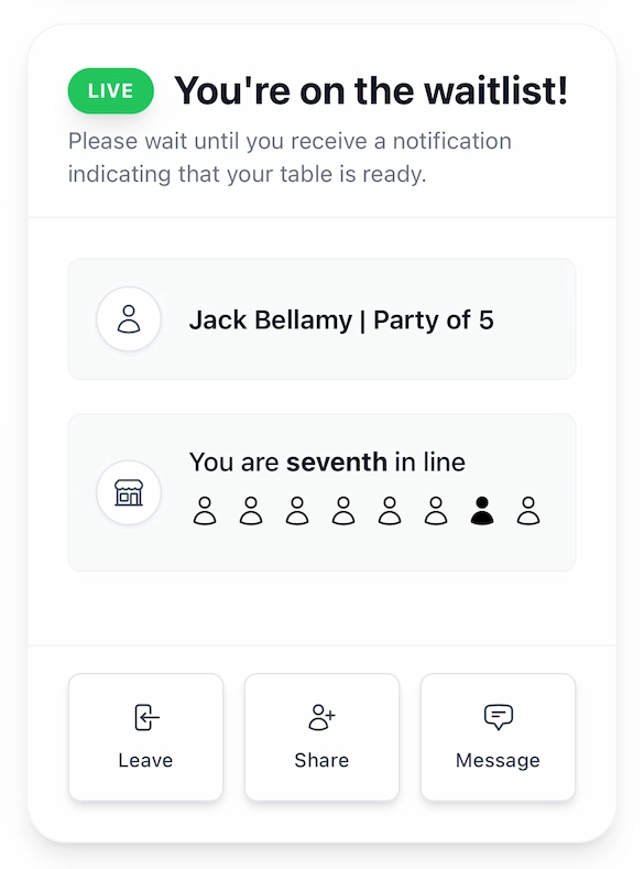 Live waitlist status showing position and estimated wait time
